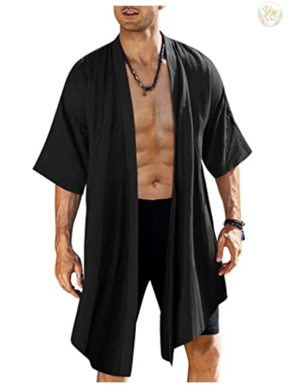 Men's Linen Rayon Cardigan Robe Lightweight Shawl Collar Bathrobe